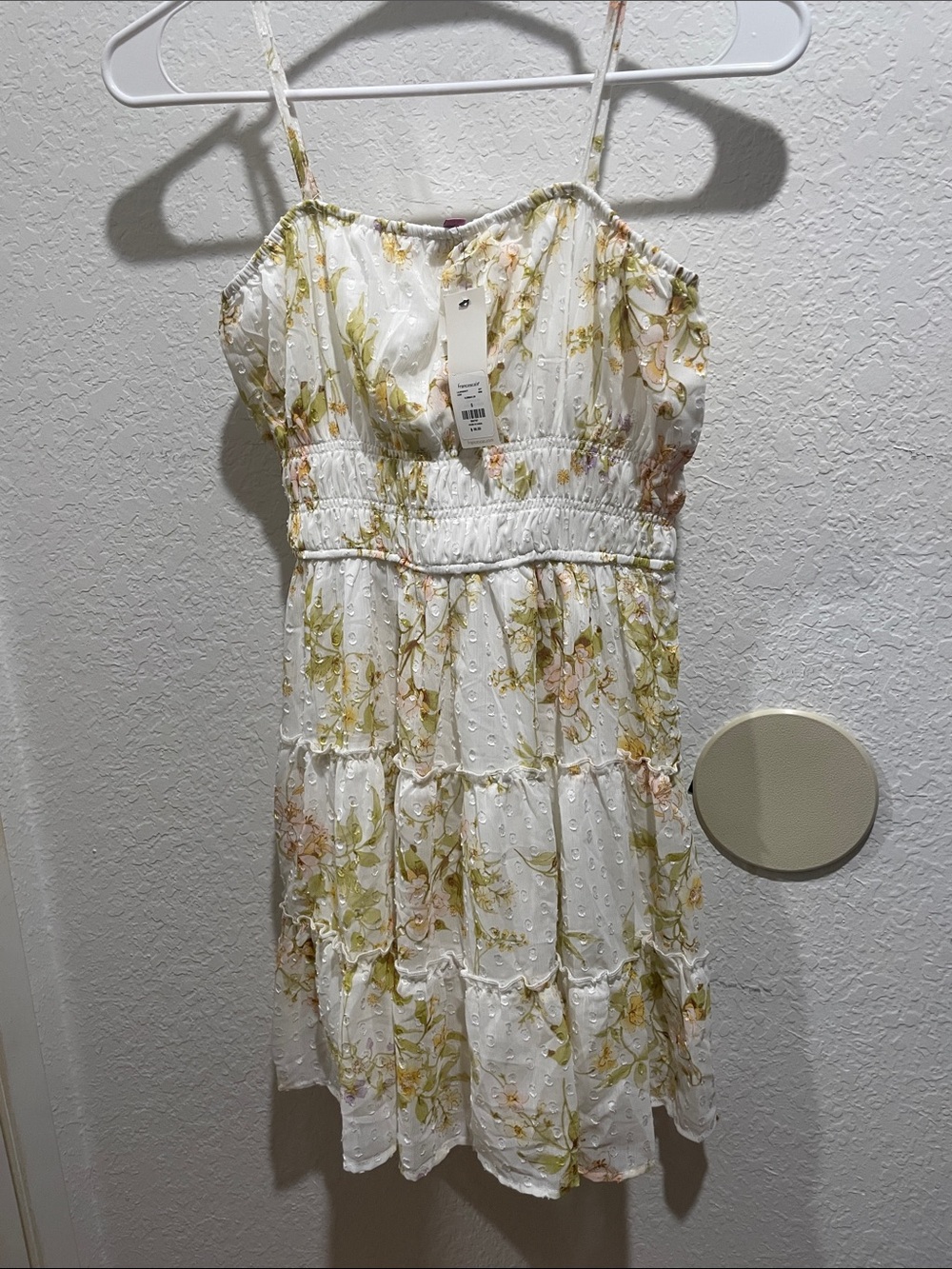 Francesca's Collections White Eyelet Tiered Sundress with Green & Pink Floral